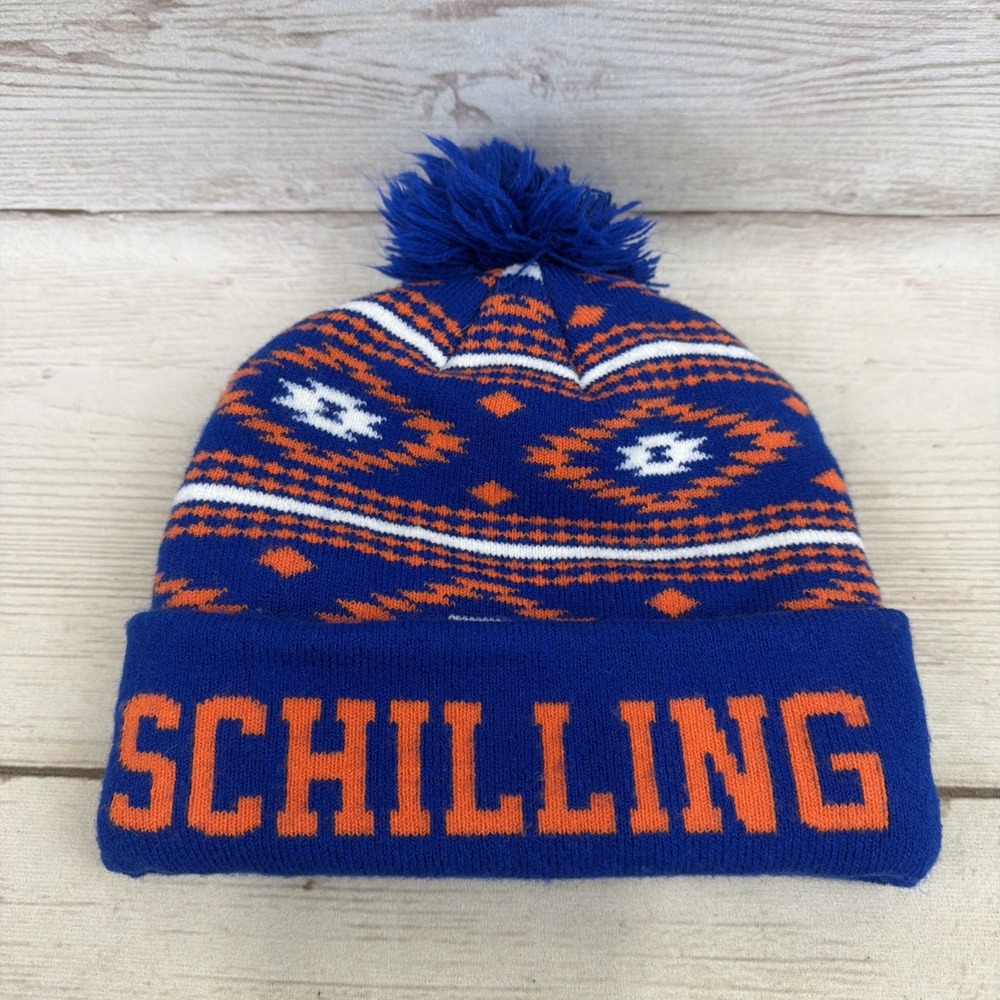 NWOT Schilling Beer Co Winter BEANIE HAT CAP BLUE ORANGE KNIT Pom Pom